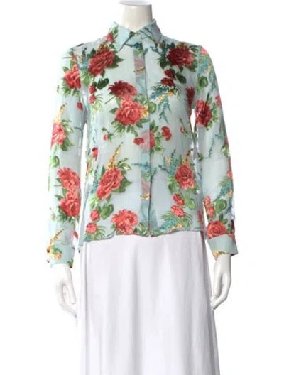 Pre-owned Alice And Olivia Floral Print Long Sleeve Blouse In Blue