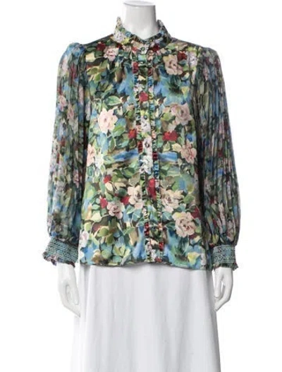 Pre-owned Alice And Olivia Floral Print Long Sleeve Blouse In Blue/green