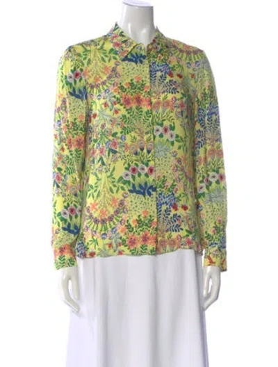 Pre-owned Alice And Olivia Floral Print Long Sleeve Blouse In Green