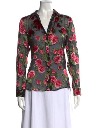 Pre-owned Alice And Olivia Floral Print Long Sleeve Blouse W/ Tags In Black