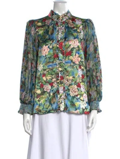 Pre-owned Alice And Olivia Floral Print Long Sleeve Blouse W/ Tags In Green