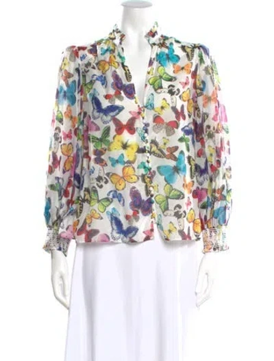 Pre-owned Alice And Olivia Floral Print Long Sleeve Blouse In White