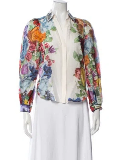 Pre-owned Alice And Olivia Floral Print Long Sleeve Blouse In White