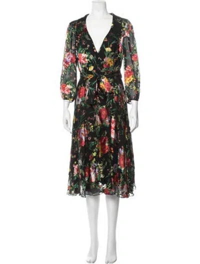 Pre-owned Alice + Olivia Floral Print Mesh Accents Robe In Black