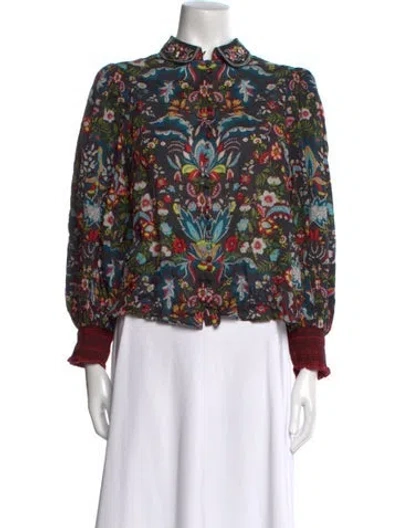 Pre-owned Alice And Olivia Floral Print Mock Neck Blouse In Black