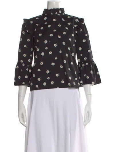 Pre-owned Alice And Olivia Floral Print Mock Neck Blouse In Black