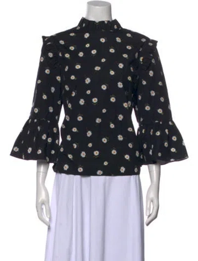 Pre-owned Alice And Olivia Floral Print Mock Neck Blouse In Black