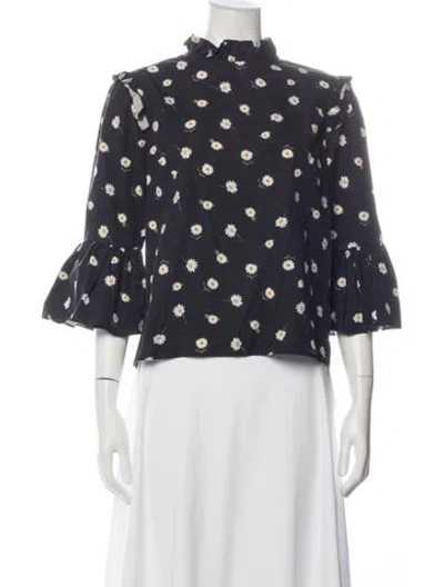 Pre-owned Alice And Olivia Floral Print Mock Neck Blouse In Black