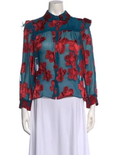 Pre-owned Alice And Olivia Floral Print Mock Neck Blouse In Blue