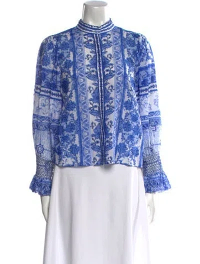 Pre-owned Alice And Olivia Floral Print Mock Neck Blouse In Blue