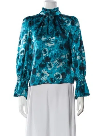 Pre-owned Alice And Olivia Floral Print Mock Neck Blouse In Blue