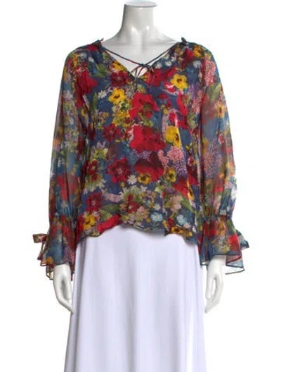 Pre-owned Alice And Olivia Floral Print Mock Neck Blouse In Blue