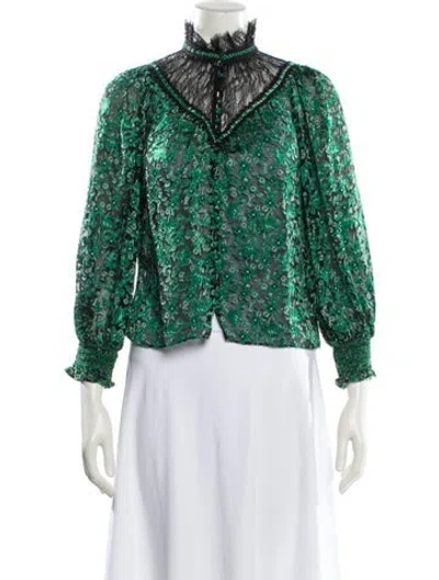 Pre-owned Alice And Olivia Floral Print Mock Neck Blouse In Green