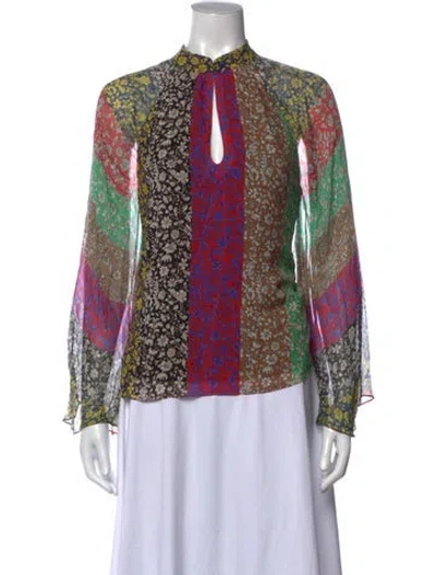 Pre-owned Alice And Olivia Floral Print Mock Neck Blouse In Green