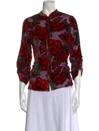 Pre-owned Alice And Olivia Floral Print Mock Neck Blouse In Purple