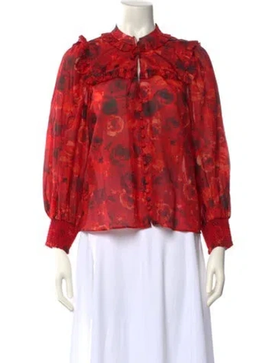 Pre-owned Alice And Olivia Floral Print Mock Neck Blouse In Red