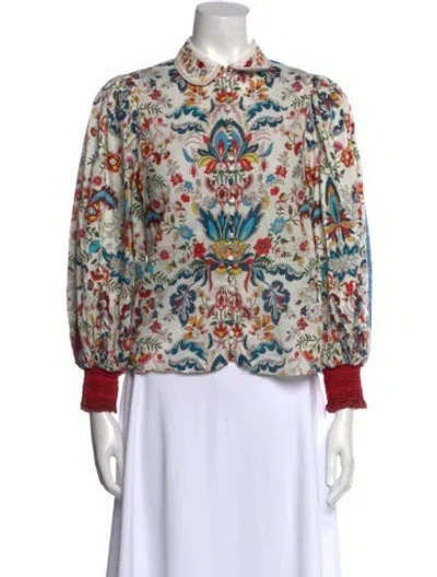 Pre-owned Alice And Olivia Floral Print Mock Neck Blouse In White