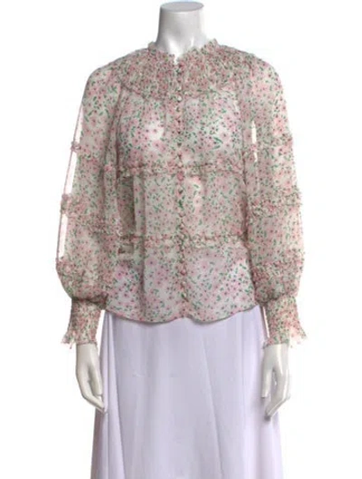 Pre-owned Alice And Olivia Floral Print Mock Neck Blouse In White