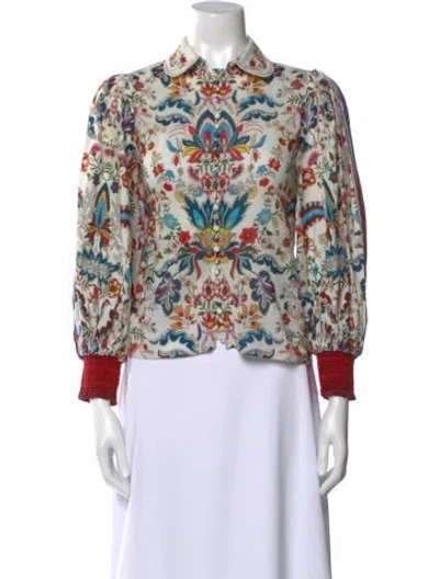 Pre-owned Alice And Olivia Floral Print Mock Neck Blouse In White