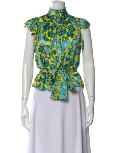 Pre-owned Alice And Olivia Floral Print Mock Neck Blouse In Yellow