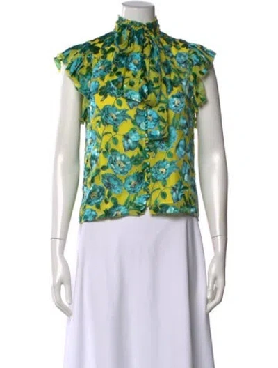 Pre-owned Alice And Olivia Floral Print Mock Neck Blouse In Yellow