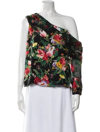 Pre-owned Alice And Olivia Floral Print One-shoulder Blouse In Black