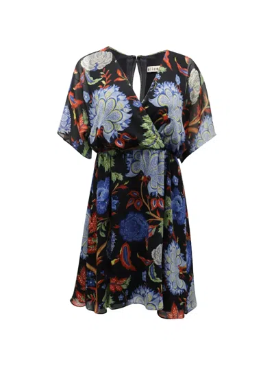 Pre-owned Alice And Olivia Floral-print Pleated Dress In Black