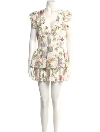 Pre-owned Alice And Olivia Floral Print Plunge Neckline Romper In Neutral