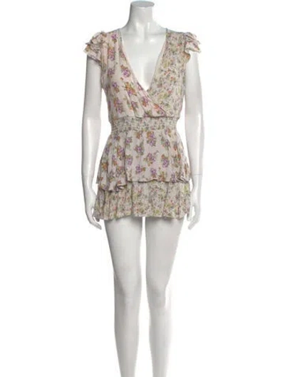 Pre-owned Alice And Olivia Floral Print Plunge Neckline Romper In White