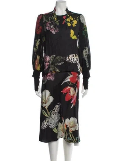 Pre-owned Alice And Olivia Floral Print Ruffle Embellishment Skirt Set In Black