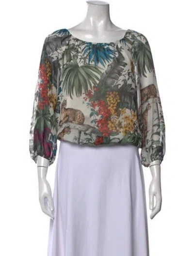 Pre-owned Alice And Olivia Floral Print Scoop Neck Blouse In White