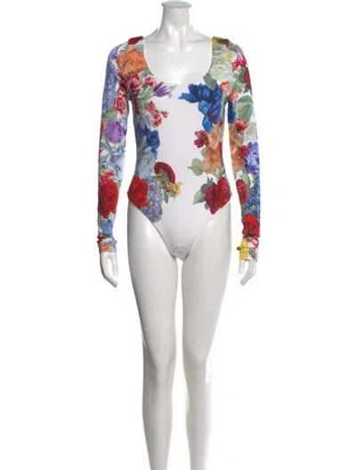 Pre-owned Alice + Olivia Floral Print Scoop Neck Bodysuit In White