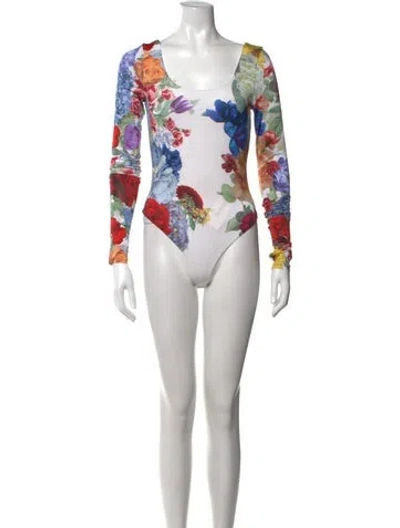 Pre-owned Alice And Olivia Floral Print Scoop Neck Bodysuit In White