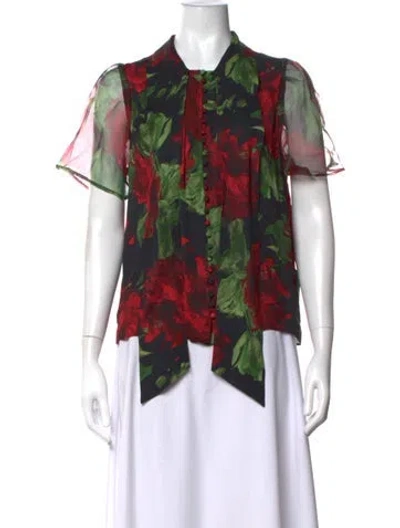 Pre-owned Alice And Olivia Floral Print Short Sleeve Blouse In Black