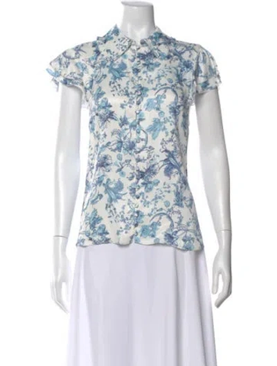 Pre-owned Alice And Olivia Floral Print Short Sleeve Blouse In Blue
