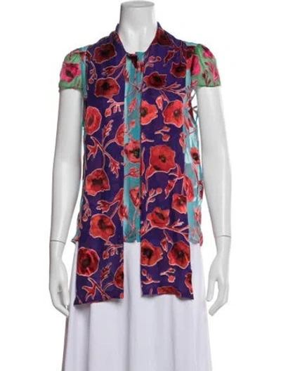 Pre-owned Alice And Olivia Floral Print Short Sleeve Blouse In Blue