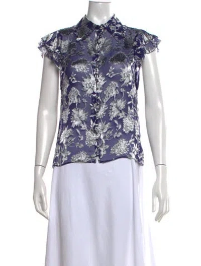 Pre-owned Alice And Olivia Floral Print Short Sleeve Blouse In Blue