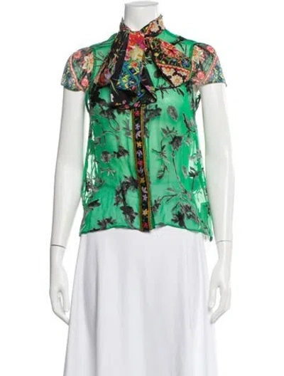 Pre-owned Alice And Olivia Floral Print Short Sleeve Blouse In Green