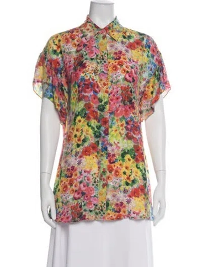 Pre-owned Alice And Olivia Floral Print Short Sleeve Blouse In Multi