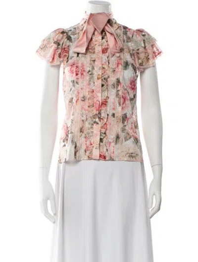 Pre-owned Alice And Olivia Floral Print Short Sleeve Blouse In Neutral