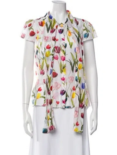 Pre-owned Alice And Olivia Floral Print Short Sleeve Blouse In Neutral