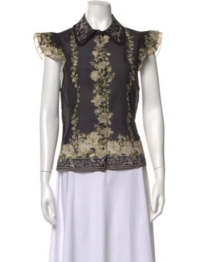 Pre-owned Alice And Olivia Floral Print Short Sleeve Blouse W/ Tags In Black