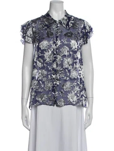 Pre-owned Alice And Olivia Floral Print Short Sleeve Blouse W/ Tags In Blue