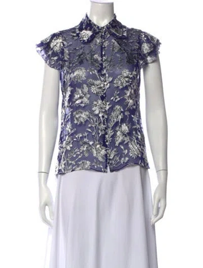 Pre-owned Alice And Olivia Floral Print Short Sleeve Blouse W/ Tags In Blue