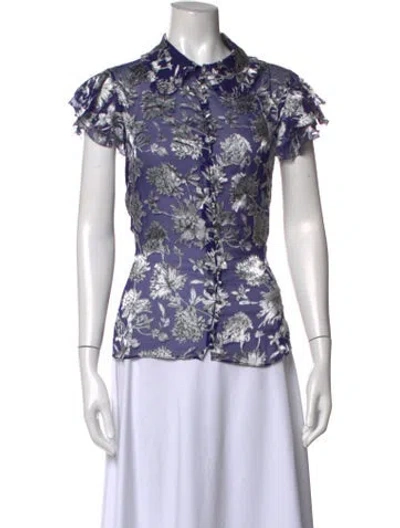 Pre-owned Alice And Olivia Floral Print Short Sleeve Blouse W/ Tags In Blue