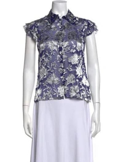 Pre-owned Alice And Olivia Floral Print Short Sleeve Blouse W/ Tags In Blue