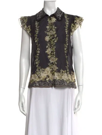 Pre-owned Alice And Olivia Floral Print Short Sleeve Blouse W/ Tags In Silver