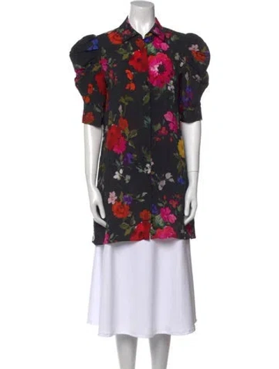 Pre-owned Alice And Olivia Floral Print Short Sleeve Tunic In Black