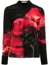 Alice And Olivia Brady Slim Button Down Top In Peony Petals Bright Ruby In Black