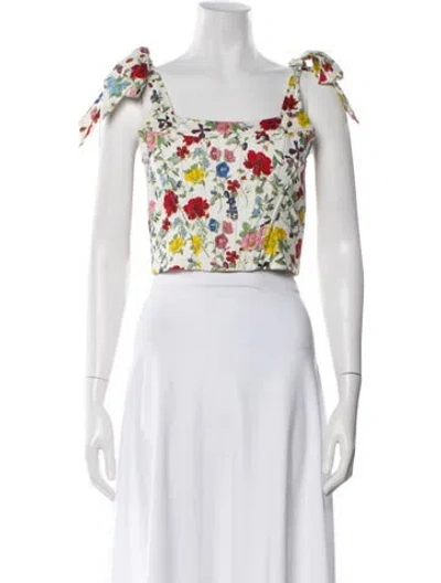 Pre-owned Alice And Olivia Floral Print Square Neckline Crop Top In White